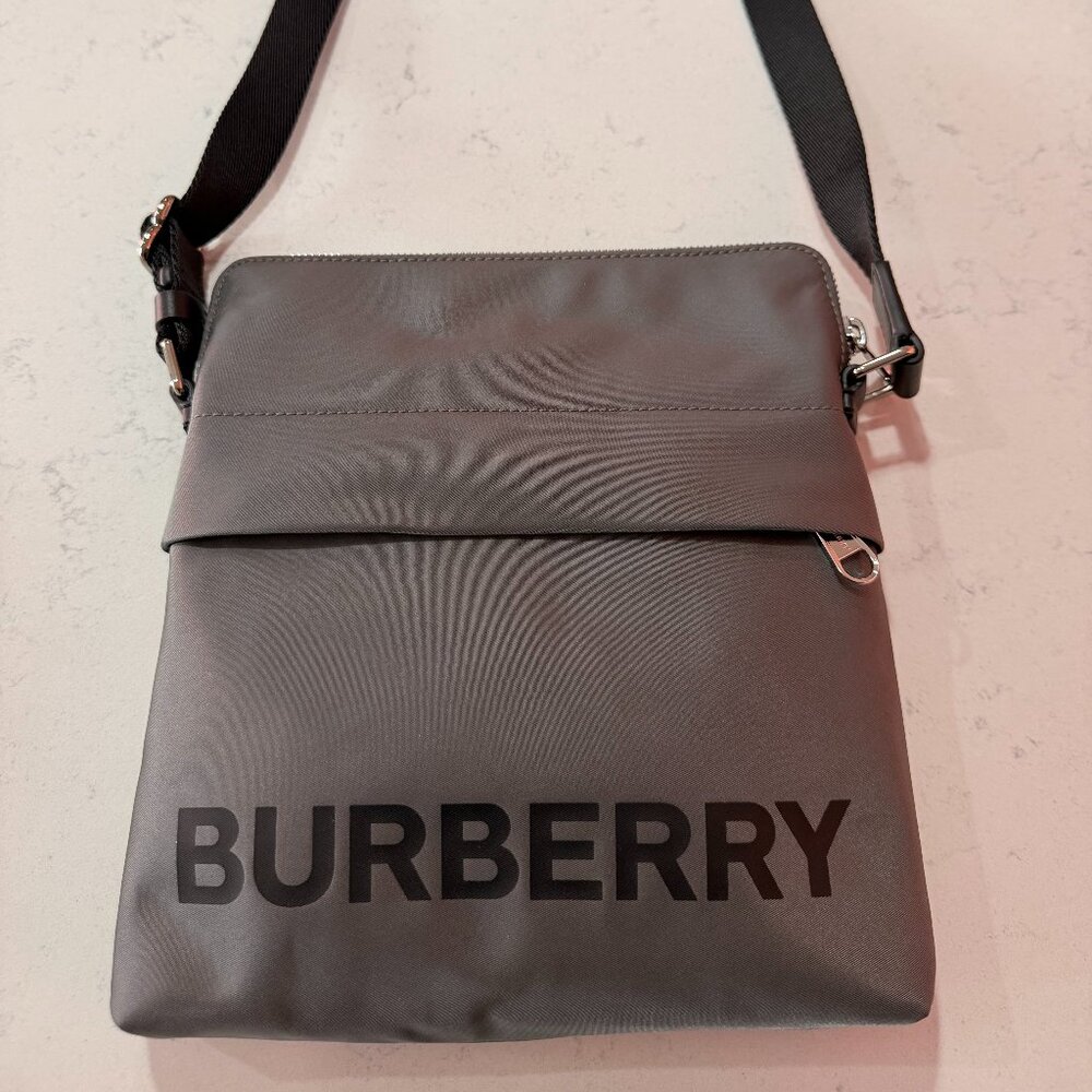 Burberry Logo Print Nylon Crossbody Bag Charcoal Gray